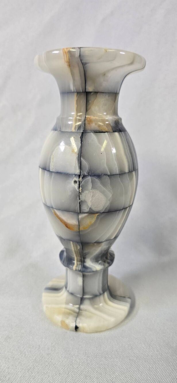 Vintage Patchwork Onyx Marble Tulip Vase – Black, Gray, & Cream - Picture 3 of 10